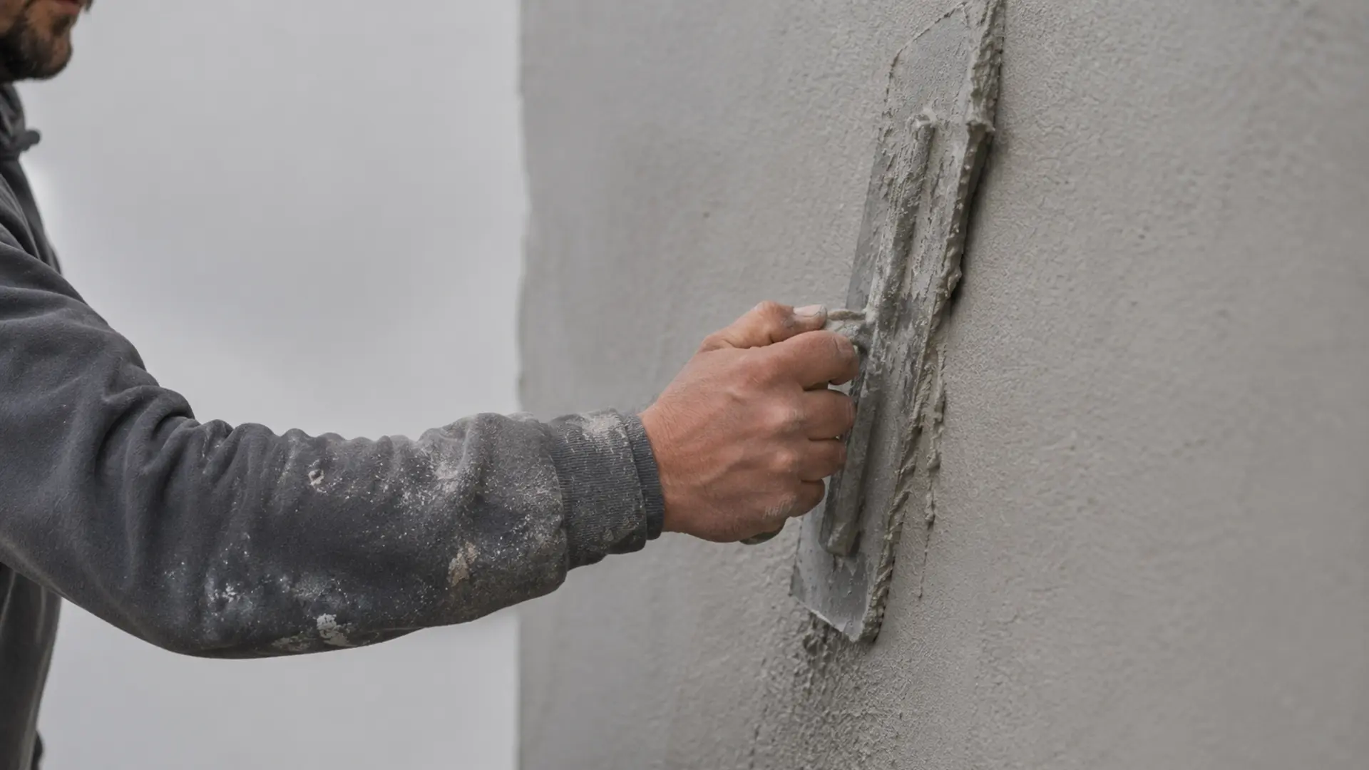 EWI installer on scaffold pressing insulation board panels onto a rendered Irish semi-detached house exterior