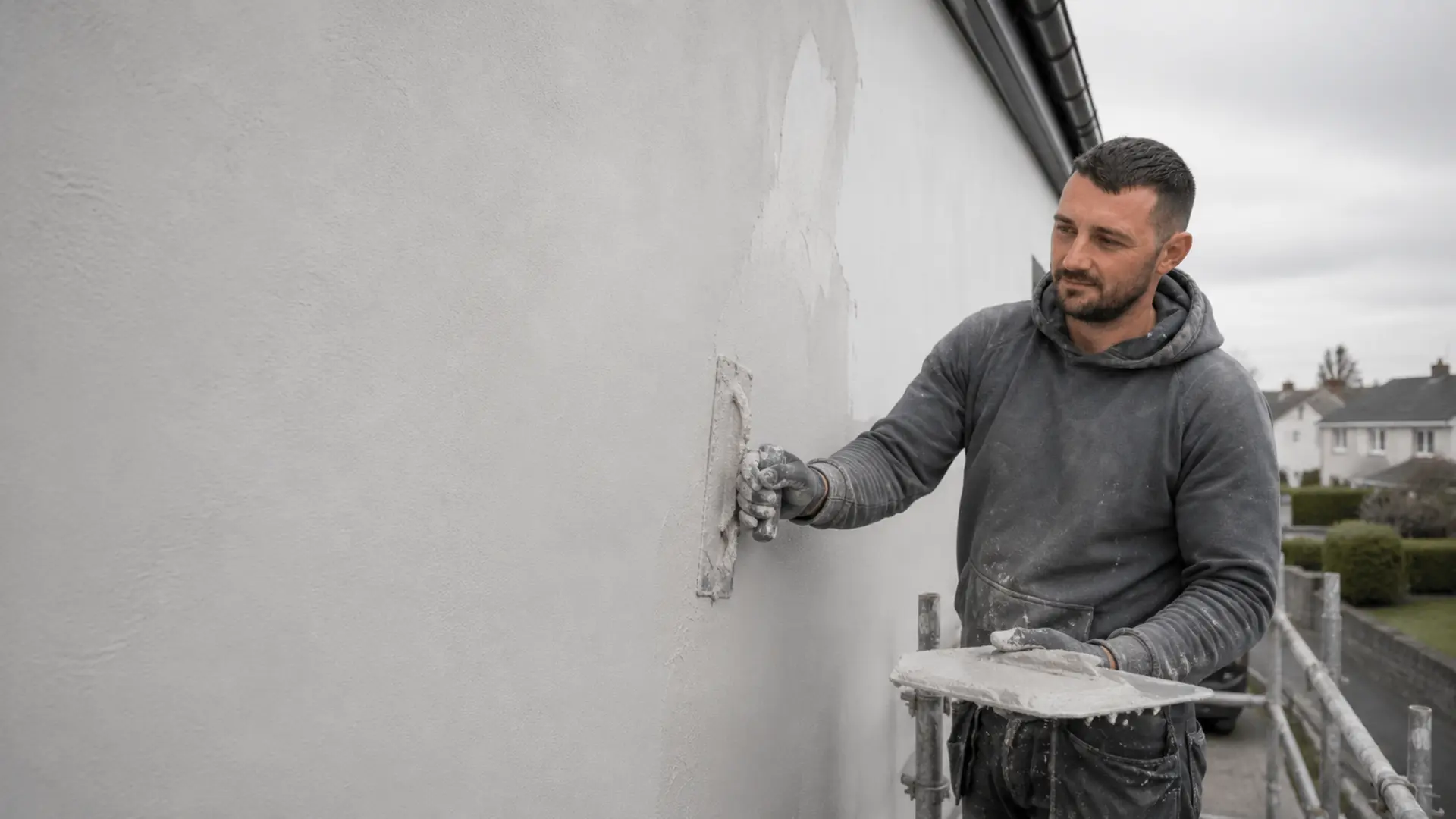 Insulation specialist applying EWI render to an Irish home exterior