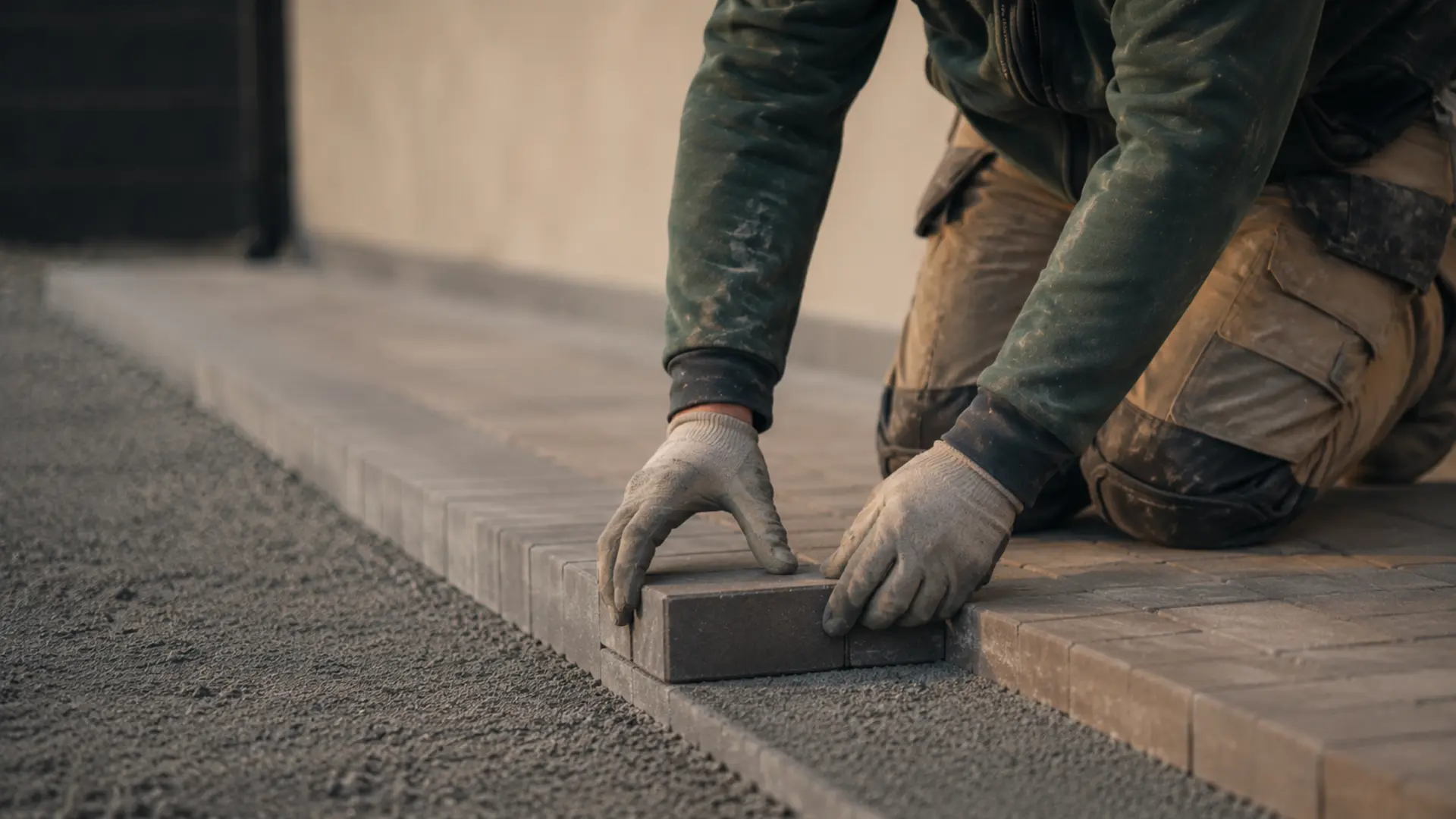 Paving contractor kneeling on a block paving driveway, setting cobblestones with a rubber mallet at an Irish bungalow