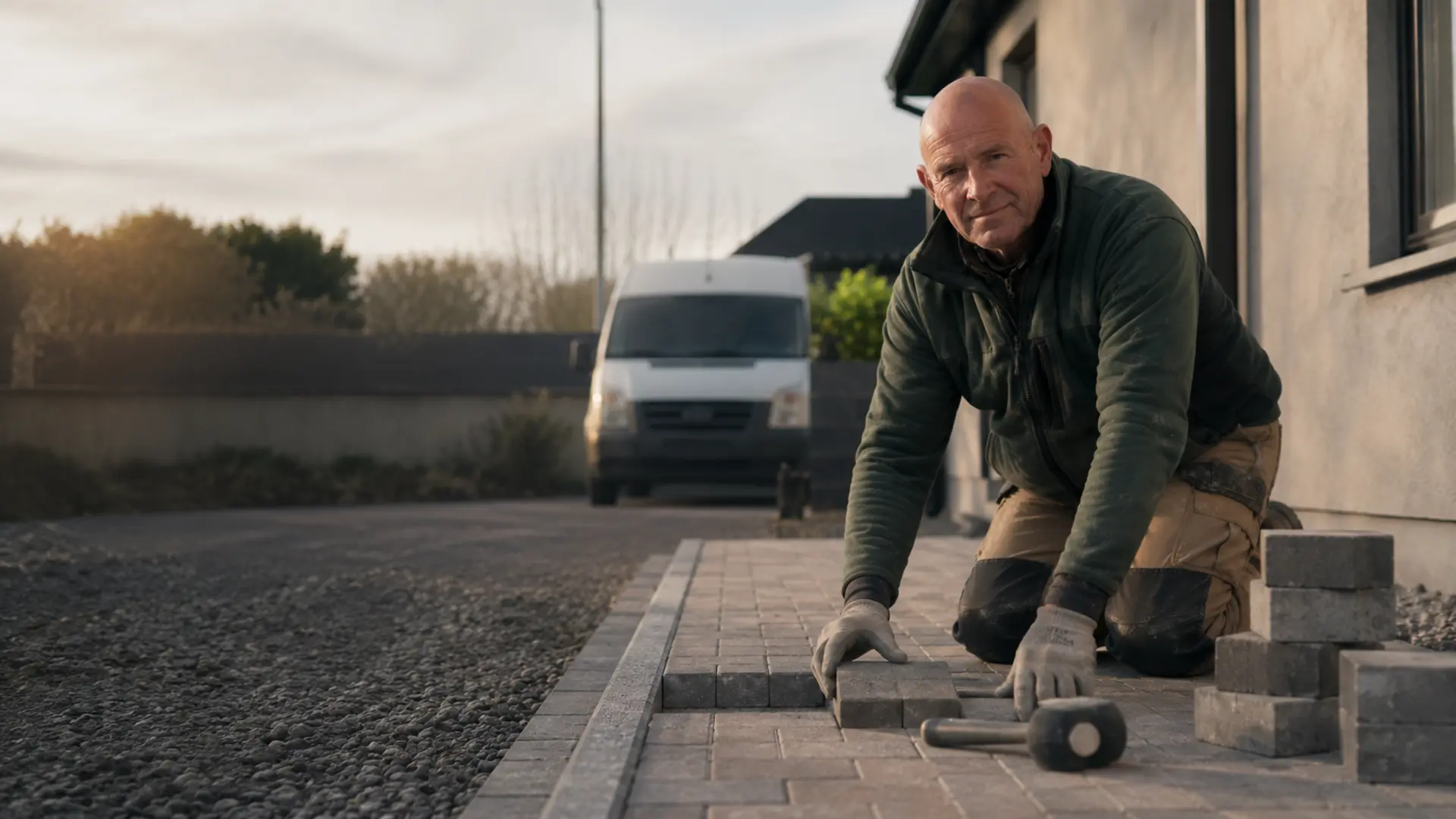 Paving contractor finishing a block paving driveway in Ireland