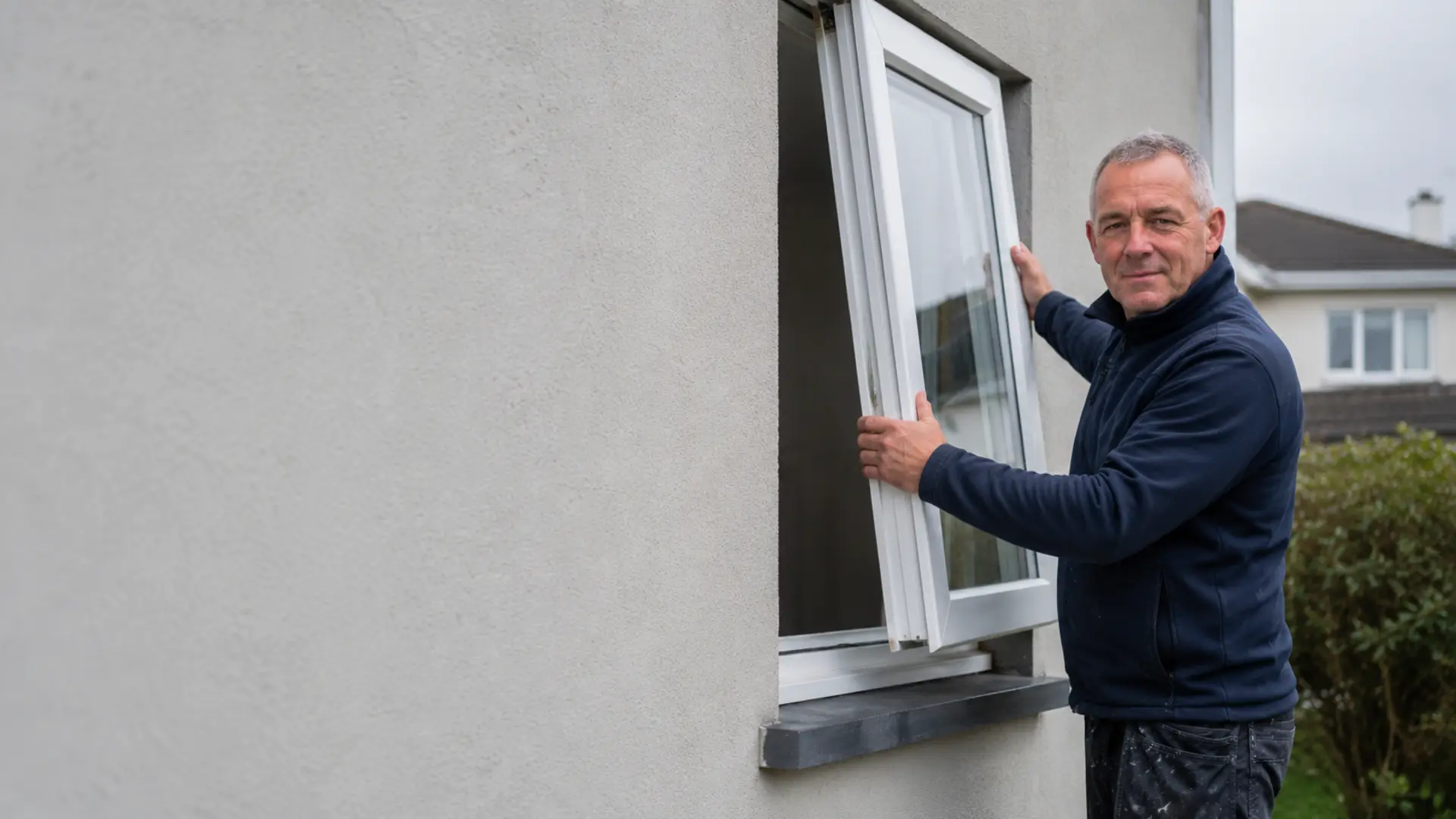 Window installer fitting a new uPVC window frame in an Irish home